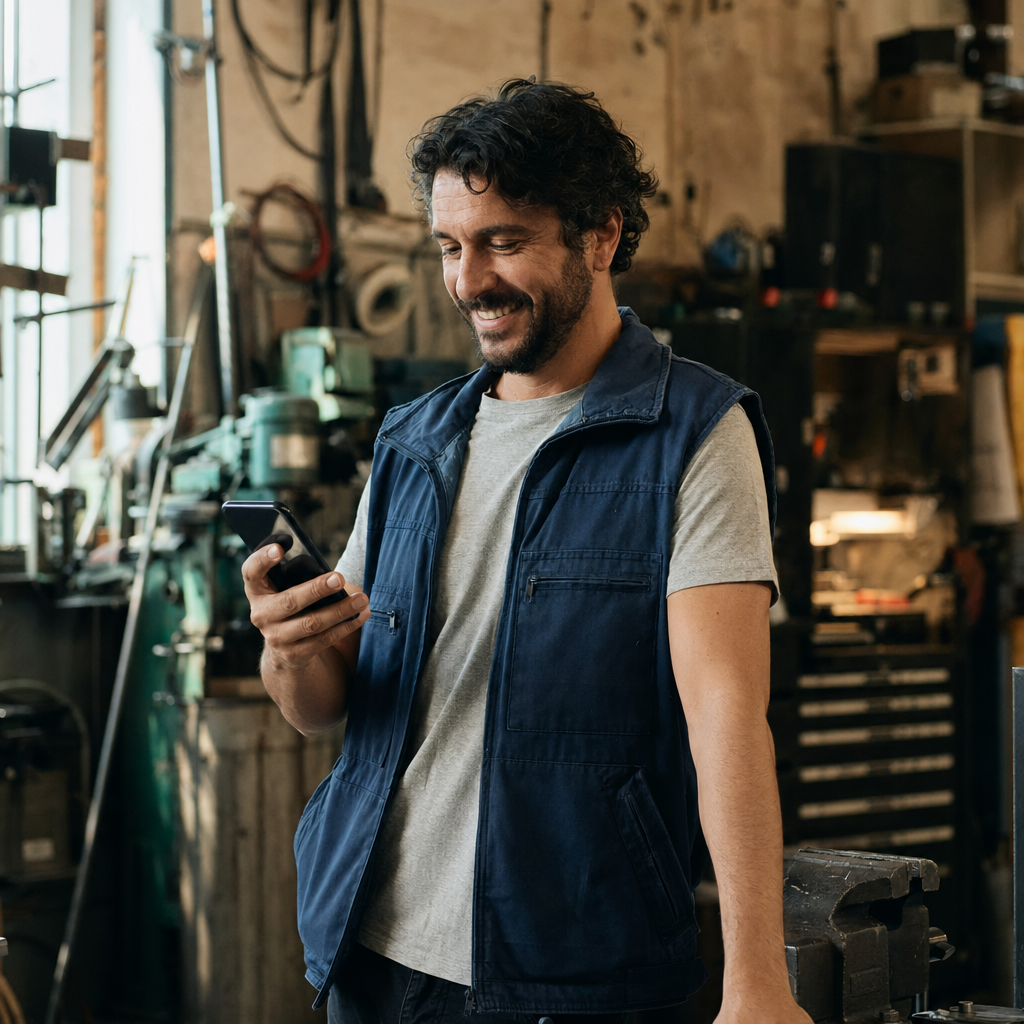 Small business owner checking a new lead notification on his phone
