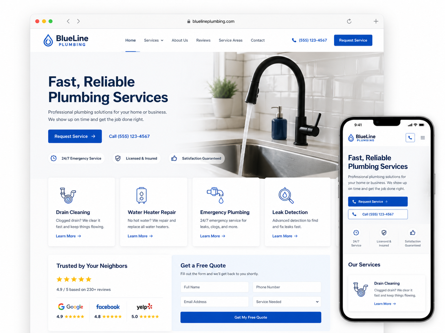 Professional small business website displayed on a phone mockup